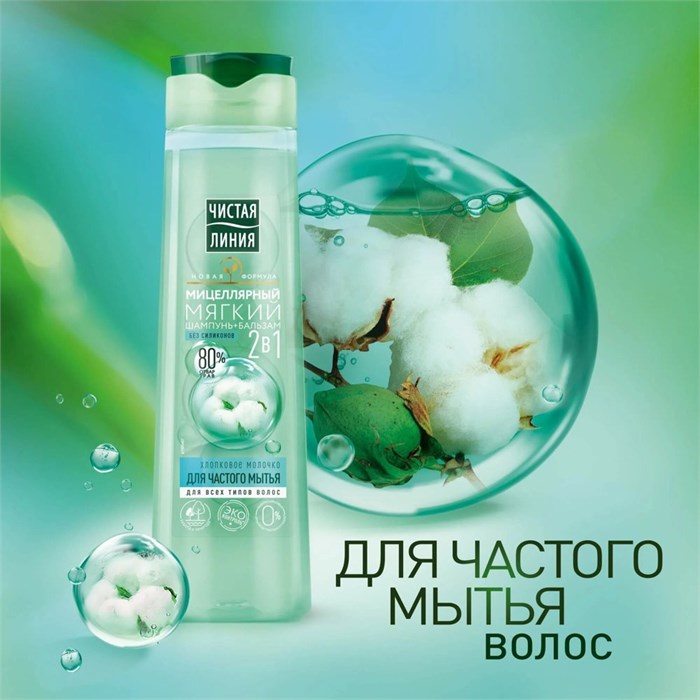 Шампунь Чистая Линия 2в1 Мицеллярный Мягкий Хлопковое молочко 250 мл 1/12 KP-2753